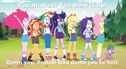 Size: 1920x1049 | Tagged: safe, edit, edited screencap, screencap, applejack, fluttershy, pinkie pie, rainbow dash, rarity, sci-twi, spike, spike the regular dog, sunset shimmer, twilight sparkle, dog, equestria girls, g4, my little pony equestria girls: legend of everfree, charlton heston, converse, humane five, humane seven, humane six, messy hair, movie reference, planet of the apes, shoes