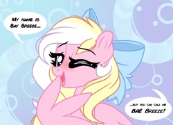 Size: 2048x1477 | Tagged: safe, artist:emberslament, oc, oc only, oc:bay breeze, pegasus, pony, blushing, bow, cute, female, hair bow, heart eyes, looking at you, mare, one eye closed, open mouth, pun, solo, speech bubble, talking to viewer, wingding eyes, wink