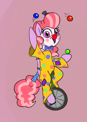 Size: 642x900 | Tagged: safe, artist:slamjam, pony, clothes, clown, juggling, looking at you, open mouth, pink background, simple background, solo, unicycle