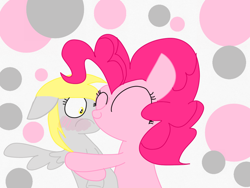 Size: 1024x768 | Tagged: safe, artist:crossovercartoons, derpy hooves, pinkie pie, earth pony, pegasus, pony, g4, blushing, circle, cute, derpabetes, derpypie, diapinkes, digital art, digital drawing, female, hug, hugging a pony, lesbian, shipping, small head, solo