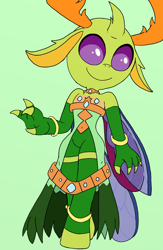 Size: 1336x2048 | Tagged: safe, artist:tenebrousmelancholy, thorax, changedling, changeling, anthro, unguligrade anthro, g4, belly button, clothes, digital art, femboy, girly, green background, king thorax, male, simple background, smiling, solo