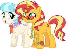 Size: 1024x768 | Tagged: safe, artist:emeraldblast63, coco pommel, sunset shimmer, earth pony, pony, unicorn, g4, cocobetes, cute, duo, female, glasses, mare, measuring tape, pincushion, shimmerbetes, simple background, transparent background