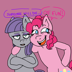 Size: 750x750 | Tagged: safe, maud pie, pinkie pie, earth pony, pony, g4, female, fun, funny, meme, pandacakeparty, siblings, sisters, someone will die
