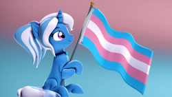 Size: 1920x1080 | Tagged: safe, artist:psfmer, trixie, pony, unicorn, g4, 3d, alternate hairstyle, babysitter trixie, clothes, cute, diatrixes, female, flag, gender headcanon, headcanon, hoodie, lgbt headcanon, ponytail, pride, pride flag, revamped ponies, sitting, smiling, source filmmaker, trans female, trans trixie, transgender, transgender pride flag