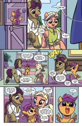 Size: 994x1528 | Tagged: safe, artist:trish forstner, idw, mane allgood, scootaloo, snap shutter, earth pony, pegasus, pony, g4, season 10, spoiler:comic, spoiler:comic93, butt, comic, cute, cutealoo, female, filly, looking up, male, mare, plot, preview, stallion