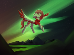Size: 1800x1350 | Tagged: safe, artist:raya, oc, oc only, oc:deepest apologies, pegasus, pony, aurora borealis, clothes, colored wings, flying, hoodie, mountain, mountain range, multicolored wings, night, smiling, solo, spread wings, wings
