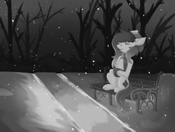 Size: 1800x1350 | Tagged: safe, artist:raya, oc, oc only, oc:making amends, pony, bench, clothes, night, scarf, snow, snowfall, solo, tree