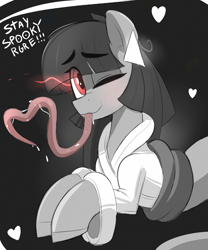 Size: 1049x1260 | Tagged: safe, artist:nignogs, oc, oc only, oc:cherry blossom, ghost, ghost pony, pony, undead, clothes, female, glowing eyes, heart, long tongue, looking at you, mare, one eye closed, ponybooru import, reversed gender roles equestria, solo, text, tongue out, vaguely asian robe, wink