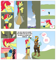 Size: 2048x2195 | Tagged: safe, artist:matchstickman, apple bloom, rockhoof, earth pony, anthro, plantigrade anthro, matchstickman's apple brawn series, tumblr:where the apple blossoms, g4, abs, apple bloom's bow, apple brawn, armpits, back muscles, biceps, bow, breasts, busty apple bloom, cliff, cliffhanger, climbing, clothes, comic, deltoids, dialogue, duo, endurance test, falling, female, fingerless gloves, gloves, gritted teeth, hair bow, high res, implied tail hole, literal cliffhanger, male, mare, mountain, mountain range, muscles, older, older apple bloom, panting, rock, screaming, shoes, shorts, speech bubble, sports bra, stallion, sweat, sweatdrop, thighs, thunder thighs, tumblr comic, wrist grab
