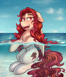 Size: 2652x3076 | Tagged: safe, artist:anon_1515, oc, oc only, oc:crimm harmony, pegasus, pony, cute, cute little fangs, cutie mark, floppy ears, high res, long hair, ocean, open mouth, partially submerged, raised eyebrows, sand, signature, smiling, solo, swimming, underwater, wet