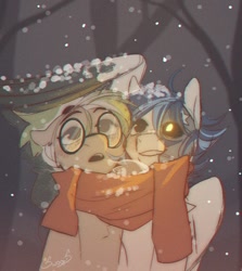 Size: 1018x1142 | Tagged: safe, artist:swoops_star, oc, oc only, earth pony, pegasus, pony, clothes, duo, glasses, looking up, scarf, shared clothing, shared scarf, snow, snowfall, wing umbrella, wings