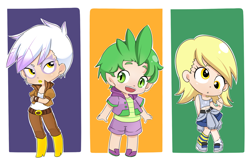 Size: 1400x900 | Tagged: safe, artist:manouazumi, derpy hooves, gilda, spike, human, g4, 2012, anime, anime style, chibi, crossed arms, humanized, looking back, looking up, trio