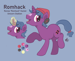Size: 2843x2303 | Tagged: safe, artist:roachtoon, oc, oc:roachtoon, oc:romhack, pony, unicorn, beanie, blue mane, cutie mark, hat, headphones, high res, magic, male, open mouth, pink eyes, raised hoof, raised leg, reference sheet, show accurate, smiling, stallion