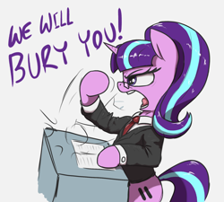 Size: 1500x1350 | Tagged: safe, artist:t72b, starlight glimmer, pony, unicorn, g4, bipedal, bipedal leaning, clothes, communism, crossing the memes, equal cutie mark, glasses, historical roleplay starlight, leaning, meme, nikita khrushchev, s5 starlight, solo, speech, stalin glimmer, suit, talking, this will end in gulag