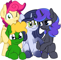 Size: 1630x1591 | Tagged: safe, artist:wallparty, oc, oc only, oc:somasis, oc:wallparty, earth pony, pegasus, pony, unicorn, 2021 community collab, derpibooru community collaboration, :p, female, glasses, gradient hooves, holding hooves, looking at each other, looking at you, male, mare, one eye closed, simple background, stallion, tongue out, transparent background, wings, wink, winking at you