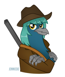 Size: 1017x1200 | Tagged: safe, artist:jennieoo, oc, oc only, oc:cassius aquila, griffon, fallout equestria, clothes, coat, cowboy hat, einherjar, fallout, gun, hat, show accurate, simple background, solo, transparent background, weapon