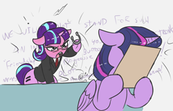 Size: 1540x988 | Tagged: safe, artist:t72b, starlight glimmer, twilight sparkle, alicorn, pony, unicorn, g4, angry, clipboard, clothes, communism, duo, duo female, equal cutie mark, facehoof, female, glasses, historical roleplay starlight, hoof hold, horseshoes, nikita khrushchev, s5 starlight, simple background, stalin glimmer, suit, twilight sparkle (alicorn), white background, yelling