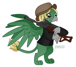 Size: 1200x1052 | Tagged: safe, artist:jennieoo, oc, oc only, oc:arcturus aquila, griffon, gun, hat, heterochromia, scar, show accurate, simple background, solo, spread wings, transparent background, weapon, wings