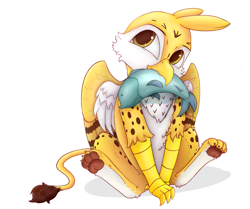 Size: 2107x1765 | Tagged: safe, artist:s.l.guinefort, oc, oc only, oc:beaky, cheetah, fish, griffon, fanfic:yellow feathers, beak, carnivore, chest fluff, claws, digital art, feather, fluffy, griffon oc, griffons doing griffon things, male, paw pads, simple background, sitting, solo, white background