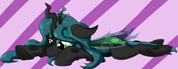 Size: 3000x1181 | Tagged: safe, artist:jubyskylines, queen chrysalis, changeling, changeling queen, g4, cute, cutealis, female, floppy ears, folded wings, lying down, prone, solo, three quarter view, wings