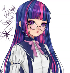Size: 1280x1345 | Tagged: dead source, safe, artist:anykaudi, twilight sparkle, human, g4, anime style, female, glasses, humanized, simple background, solo, white background