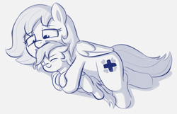 Size: 1101x709 | Tagged: safe, artist:heretichesh, oc, oc:kyrie, oc:luftkrieg, pegasus, pony, blessed, blushing, cuddling, eyes closed, female, filly, happy, hug, mare, mother and child, mother and daughter, spooning, tired