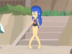 Size: 2816x2112 | Tagged: safe, artist:draymanor57, part of a set, flash sentry, equestria girls, g4, barefoot, clothes, feet, female, flare warden, high res, looking down, male to female, one-piece swimsuit, rule 63, shocked, solo, swimsuit, teeth, transformation, transgender transformation