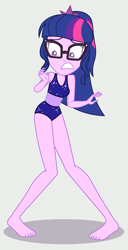 Size: 1437x2816 | Tagged: safe, alternate version, artist:draymanor57, sci-twi, twilight sparkle, equestria girls, g4, barefoot, belly button, clothes, feet, one-piece swimsuit, sci-twi swimsuit, sleeveless, solo, swimsuit, swimsuit edit, vector