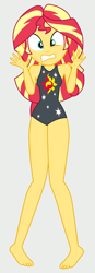 Size: 984x2816 | Tagged: safe, alternate version, artist:draymanor57, sunset shimmer, equestria girls, g4, barefoot, clothes, feet, one-piece swimsuit, shocked, sleeveless, solo, swimsuit, swimsuit edit, vector