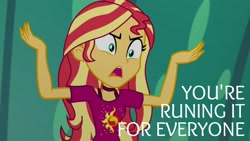 Size: 1920x1080 | Tagged: safe, edit, edited screencap, editor:quoterific, screencap, sunset shimmer, equestria girls, g4, spring breakdown, cruise outfit, misspelling