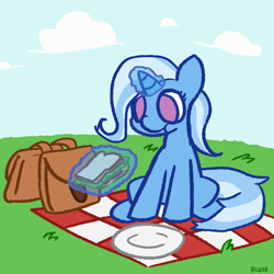Size: 2500x2500 | Tagged: safe, artist:bilayer, artist:bilayer64, trixie, pony, unicorn, g4, bag, cute, eating, female, food, happy, high res, lunch bag, magic, mare, no pupils, picnic blanket, plate, saddle bag, sandwich, solo, telekinesis