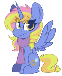 Size: 551x676 | Tagged: safe, artist:sakukitty, oc, oc only, oc:platinum band, alicorn, pony, 2021 community collab, derpibooru community collaboration, alicorn oc, clothes, female, horn, mare, patreon, patreon reward, scarf, simple background, solo, transparent background, wings
