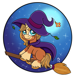 Size: 2000x2000 | Tagged: safe, artist:dawn-designs-art, oc, oc only, oc:june bud, pony, unicorn, broom, commission, flying, flying broomstick, hat, high res, nightmare night, solo, witch, witch hat