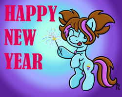 Size: 1000x800 | Tagged: safe, artist:dawn-designs-art, oc, oc only, oc:dawn, earth pony, pony, 2021, eyes closed, female, filly, happy, happy new year, holiday, solo, sparkler (firework)