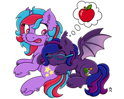 Size: 2500x2000 | Tagged: safe, artist:dawn-designs-art, oc, oc only, oc:cosmic spark, oc:velvet daydream, bat pony, pony, unicorn, apple, biting, fangs, food, glasses, happy, high res, lying down, nom, shocked, simple background, surprised, thought bubble, transparent background