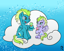 Size: 2500x2000 | Tagged: safe, artist:dawn-designs-art, oc, oc:freefall, oc:swiftwings, pegasus, pony, abstract background, cloud, commission, cute, father and child, father and daughter, female, filly, food, happy, high res, ice cream, male, stallion