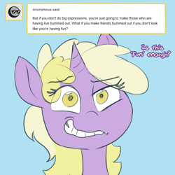 Size: 750x750 | Tagged: safe, artist:jitterbugjive, dinky hooves, pony, unicorn, lovestruck derpy, g4, blue background, crazy face, cute, dinkabetes, faic, female, filly, forced smile, insanity, messy mane, simple background, smiling, solo