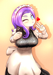 Size: 2508x3541 | Tagged: safe, artist:sigpi, rarity, human, g4, big breasts, blushing, breasts, busty rarity, cellphone, clothes, duckface, female, floating heart, heart, high res, humanized, maid, one eye closed, outfit, peace sign, phone, selfie, solo, wink