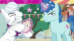 Size: 1920x1080 | Tagged: safe, screencap, double diamond, party favor, earth pony, pony, unicorn, g4, to where and back again, angry, clothes, duo, evil grin, evil smirk, grin, gritted teeth, male, paper, scarf, smiling, smirk, stallion, tearing