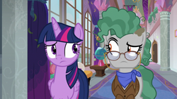 Size: 1920x1080 | Tagged: safe, screencap, professor fossil, twilight sparkle, alicorn, earth pony, pony, a rockhoof and a hard place, g4, bags under eyes, clothes, female, folded wings, frown, glasses, globe, looking at each other, mare, raised eyebrow, scarf, twilight sparkle (alicorn)