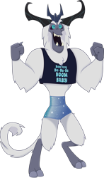 Size: 1131x1920 | Tagged: safe, artist:tentapone, storm king, yeti, g4, my little pony: the movie, antagonist, chest fluff, claws, clenched fist, clothes, crown, eyebrows, fangs, flexing, horns, jewelry, male, missing accessory, no armor, open mouth, raised arm, regalia, shorts, simple background, smiling, solo, sparkles, tail, tank top, tight clothing, transparent background, vector, workout, workout outfit, zumba