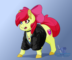 Size: 1500x1233 | Tagged: safe, artist:blueberrysnow, apple bloom, oc, oc:miyuki o'connor, earth pony, pony, g4, bow, character to character, choker, clothes, collar, cutie mark, digital art, ear fluff, female, filly, furry to pony, heterochromia, hooves, implied transformation, jewelry, loose fitting clothes, necklace, open mouth, shirt, simple background, starry eyes, tail, tank top, transformed, unamused, wingding eyes
