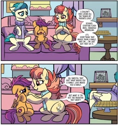 Size: 1091x1159 | Tagged: safe, artist:nanook123, idw, aunt holiday, auntie lofty, scootaloo, earth pony, pegasus, pony, g4, season 10, spoiler:comic, spoiler:comic93, comic, couch, female, filly, mare