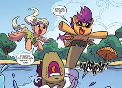 Size: 1141x824 | Tagged: safe, artist:trish forstner, idw, mane allgood, scootaloo, snap shutter, pegasus, pony, g4, season 10, spoiler:comic, spoiler:comic93, father and child, father and daughter, female, filly, foal, husband and wife, male, mare, mother and child, mother and daughter, scootaloo can't fly, stallion, trio, waterskiing