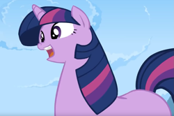 Size: 1097x729 | Tagged: safe, artist:misterdavey, twilight sparkle, pony, unicorn, smile hd, g4, female, imminent decapitation, mare, missing cutie mark, moments before disaster, open mouth, perspective, solo, unicorn twilight