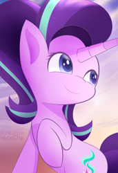 Size: 1750x2560 | Tagged: safe, artist:nicxchy, starlight glimmer, pony, unicorn, g4, cute, female, glimmerbetes, high res, looking up, mare, raised hoof, smiling, solo
