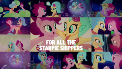 Size: 1968x1107 | Tagged: safe, edit, edited screencap, editor:quoterific, screencap, pinkie pie, princess skystar, earth pony, seapony (g4), g4, my little pony: the movie, blue eyes, bubble, dorsal fin, female, fin, fin wings, fins, flower, flower in hair, freckles, happy, jewelry, lesbian, lidded eyes, necklace, ocean, pearl necklace, seaponified, seapony pinkie pie, seaquestria, ship:skypie, shipping, species swap, swimming, underwater, water, wings