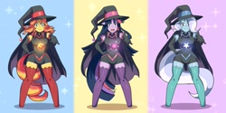 Size: 3040x1520 | Tagged: safe, artist:traupa, sunset shimmer, trixie, twilight sparkle, unicorn, anthro, unguligrade anthro, g4, anime, anime style, breasts, clothes, cutie mark, cutie mark on clothes, female, gloves, hat, long gloves, magical trio, open mouth, socks, stockings, thigh highs, trio, trio female, unicorn twilight, witch, witch hat