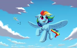 Size: 4096x2571 | Tagged: safe, artist:silverhopexiii, fluttershy, rainbow dash, bird, pegasus, pony, g4, chest fluff, cloud, duo, female, floppy ears, flying, high res, looking away, mare, open mouth, outdoors, sky, solo focus, spread wings, windswept mane, wings