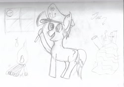 Size: 2338x1654 | Tagged: safe, artist:p_doofs, oc, oc only, pony, axe, campfire, crazy face, faic, fire, monochrome, solo, weapon, window